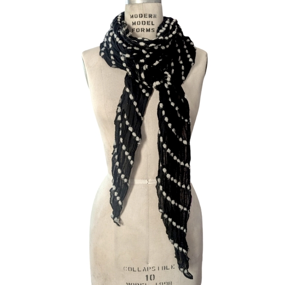 Black + White Wraparound Scarf; pointed ends & polka dots pattern throughout - Picture 3 of 4